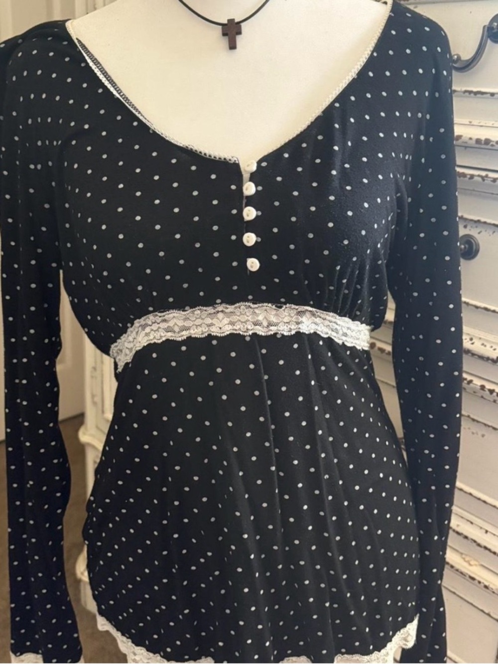 Black Polka Dot Lace Trim Long-Sleeve Top